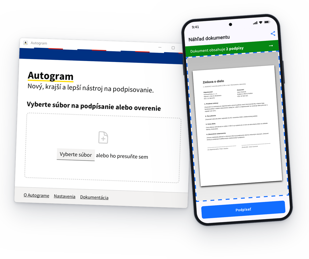 Autogram na počítači a Autogram v mobile s náhľadom podpísanej zmluvy